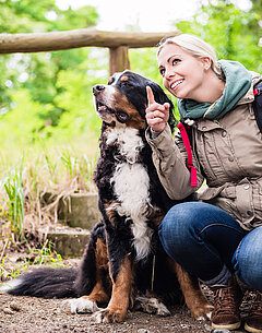 Frau sitzt mit Hund auf Treppen beim Wandern
